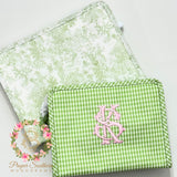 Monogrammed green gingham TRVL roadie bag zipper bag 
